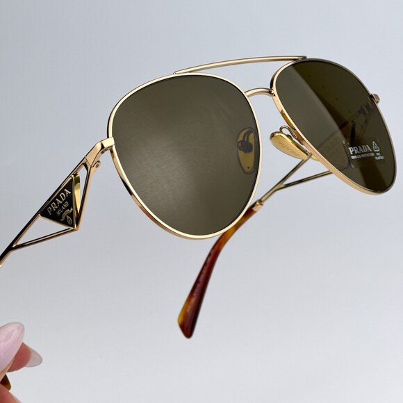 Prada PR73ZS 5AK01T BRAND NEW Sunglasses Shiny Gold Dark Brown Pilot Unisex - Picture 5 of 13